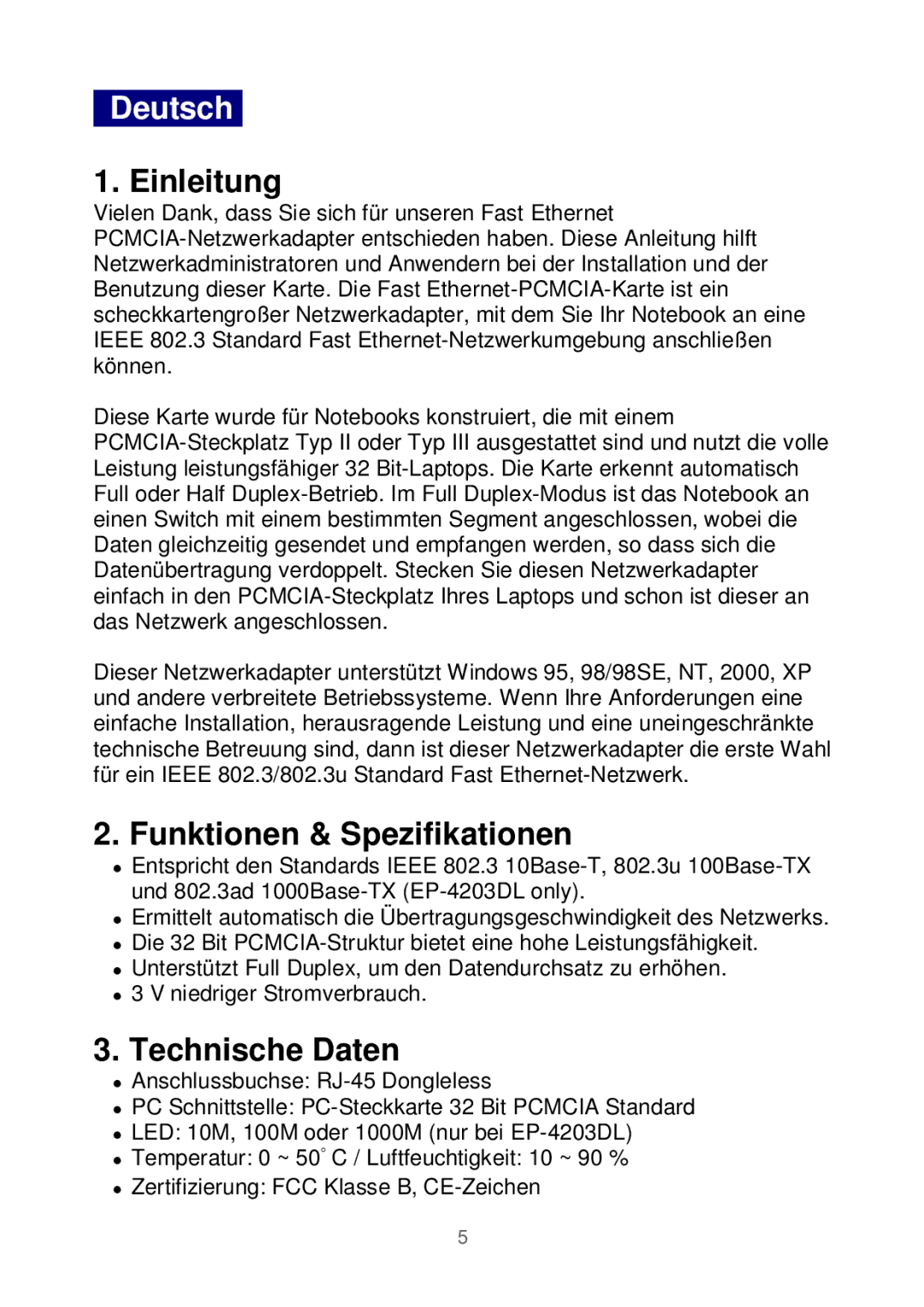 Edimax Technology Ethernet Cardbus Adapter manual Deutsch, Einleitung, Funktionen & Spezifikationen, Technische Daten 