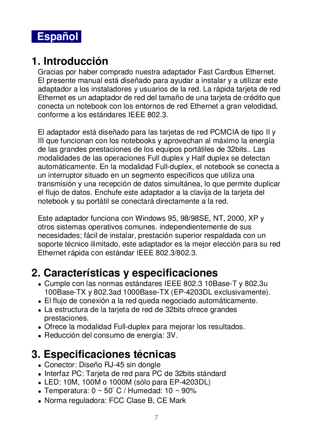 Edimax Technology Ethernet Cardbus Adapter manual Español, Introducción, Características y especificaciones 