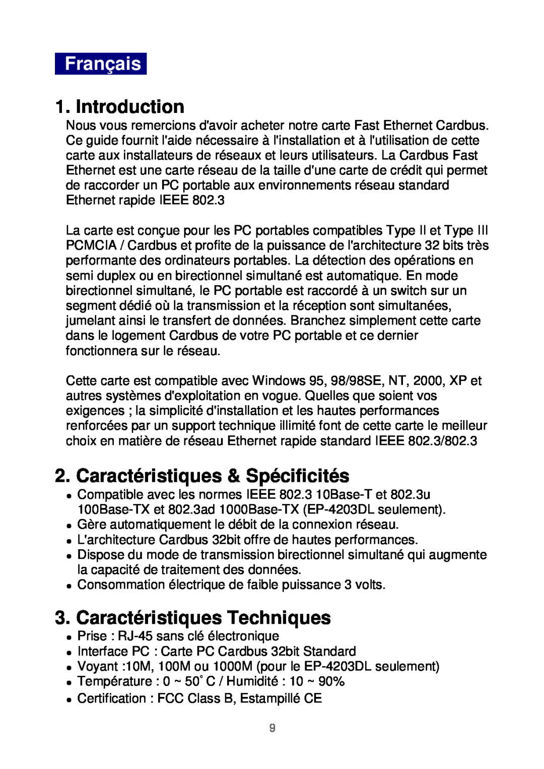 Edimax Technology Ethernet Cardbus Adapter manual Français, Caractéristiques & Spécificités, Caractéristiques Techniques 