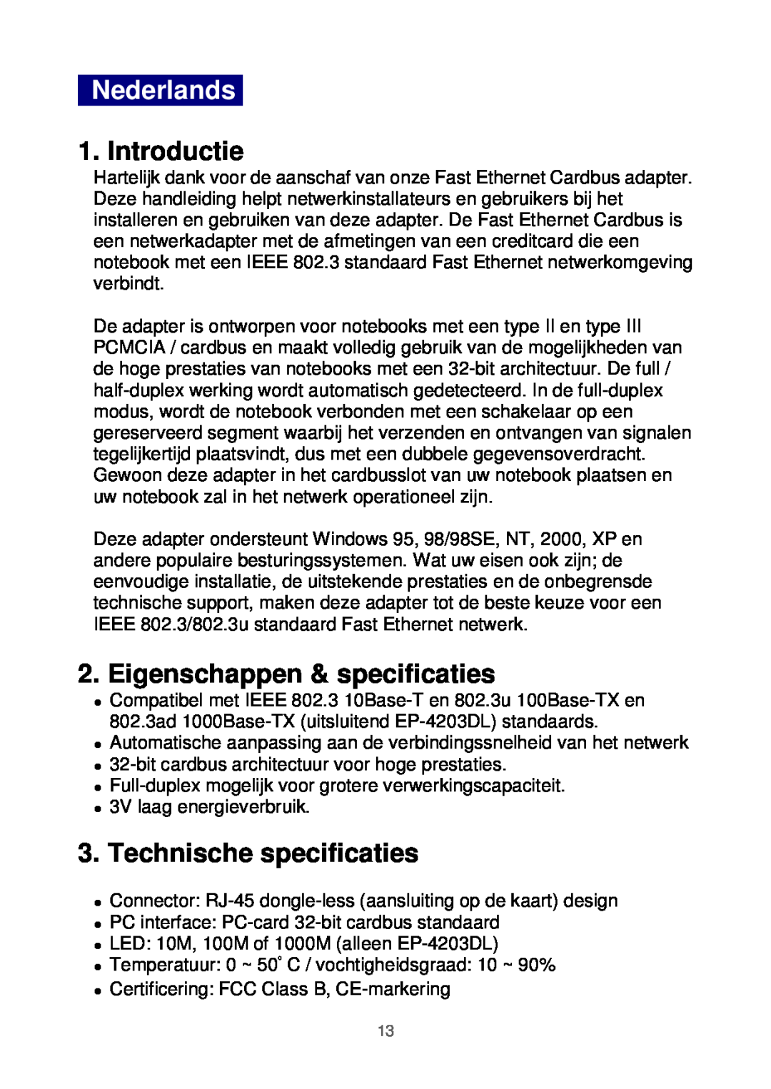 Edimax Technology Ethernet Cardbus Adapter manual Nederlands, Introductie, Eigenschappen & specificaties 