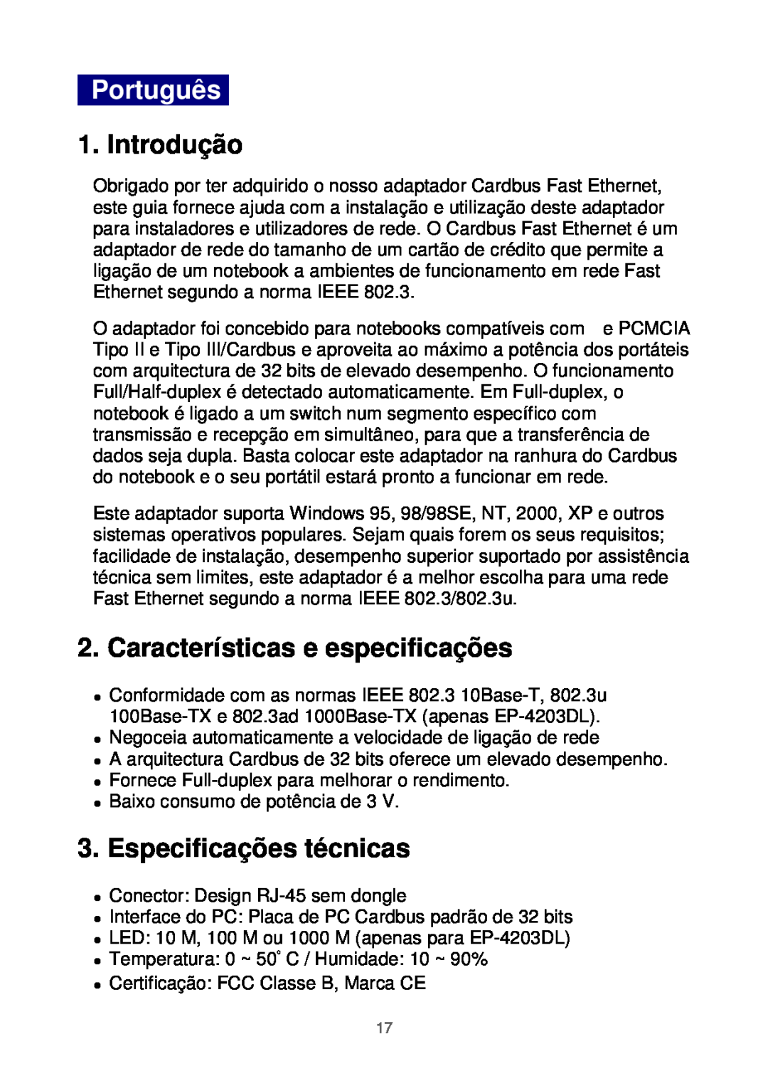 Edimax Technology Ethernet Cardbus Adapter manual Português, Introdução, Características e especificações 