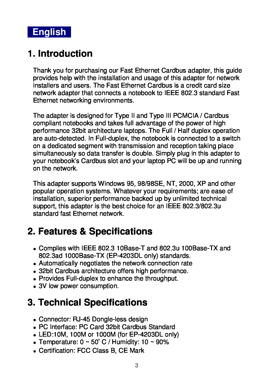 Edimax Technology Ethernet Cardbus Adapter English, Introduction, Features & Specifications, Technical Specifications 