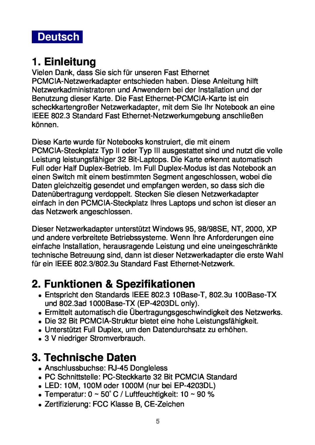 Edimax Technology Ethernet Cardbus Adapter manual Deutsch, Einleitung, Funktionen & Spezifikationen, Technische Daten 