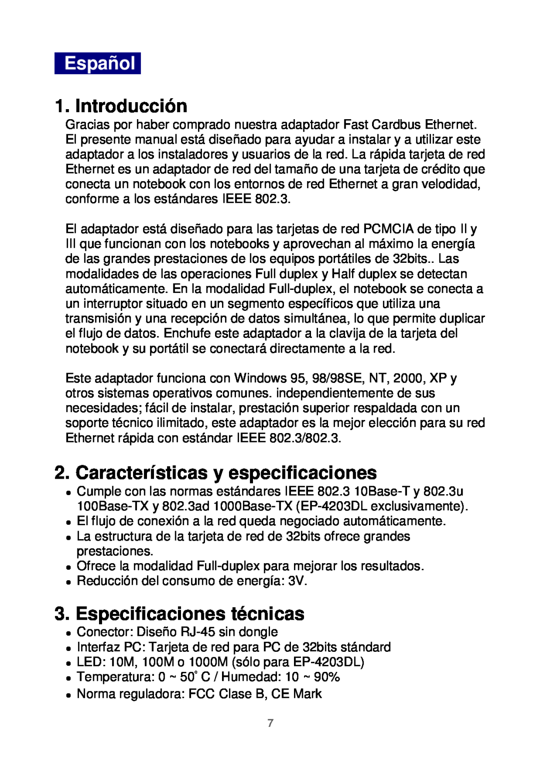 Edimax Technology Ethernet Cardbus Adapter manual Español, Introducción, Características y especificaciones 