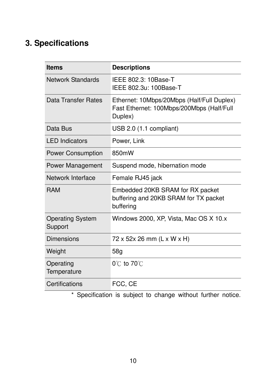 Edimax Technology EU-4207 manual Specifications, Items Descriptions 