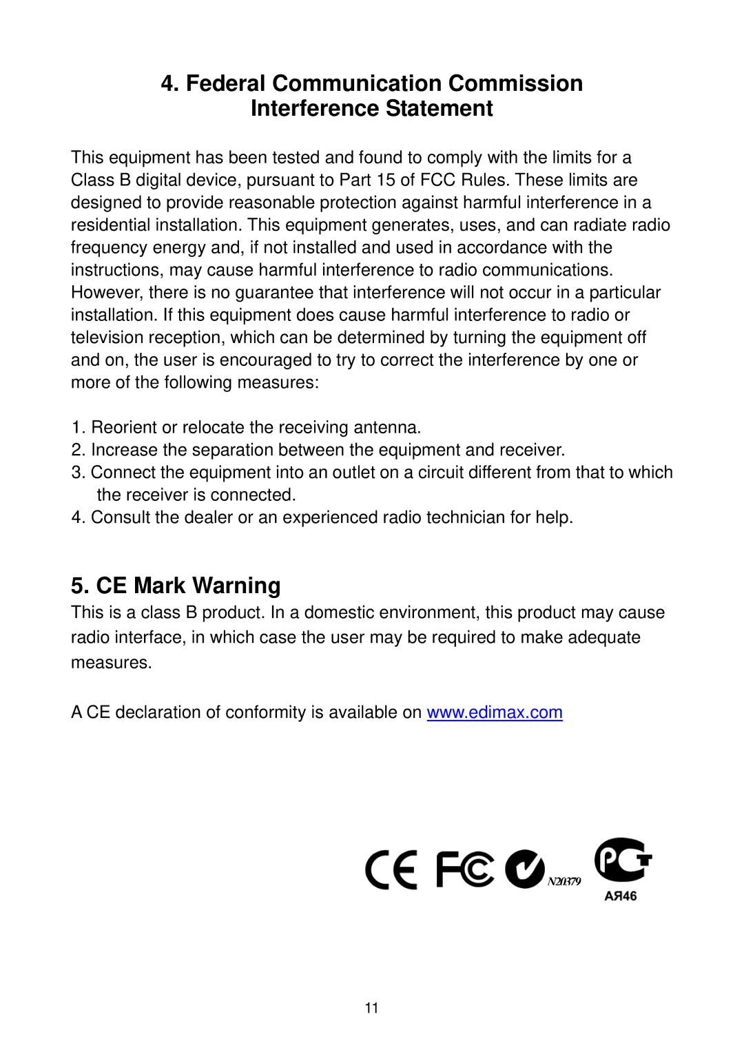 Edimax Technology EU-4207 manual Federal Communication Commission Interference Statement, CE Mark Warning 