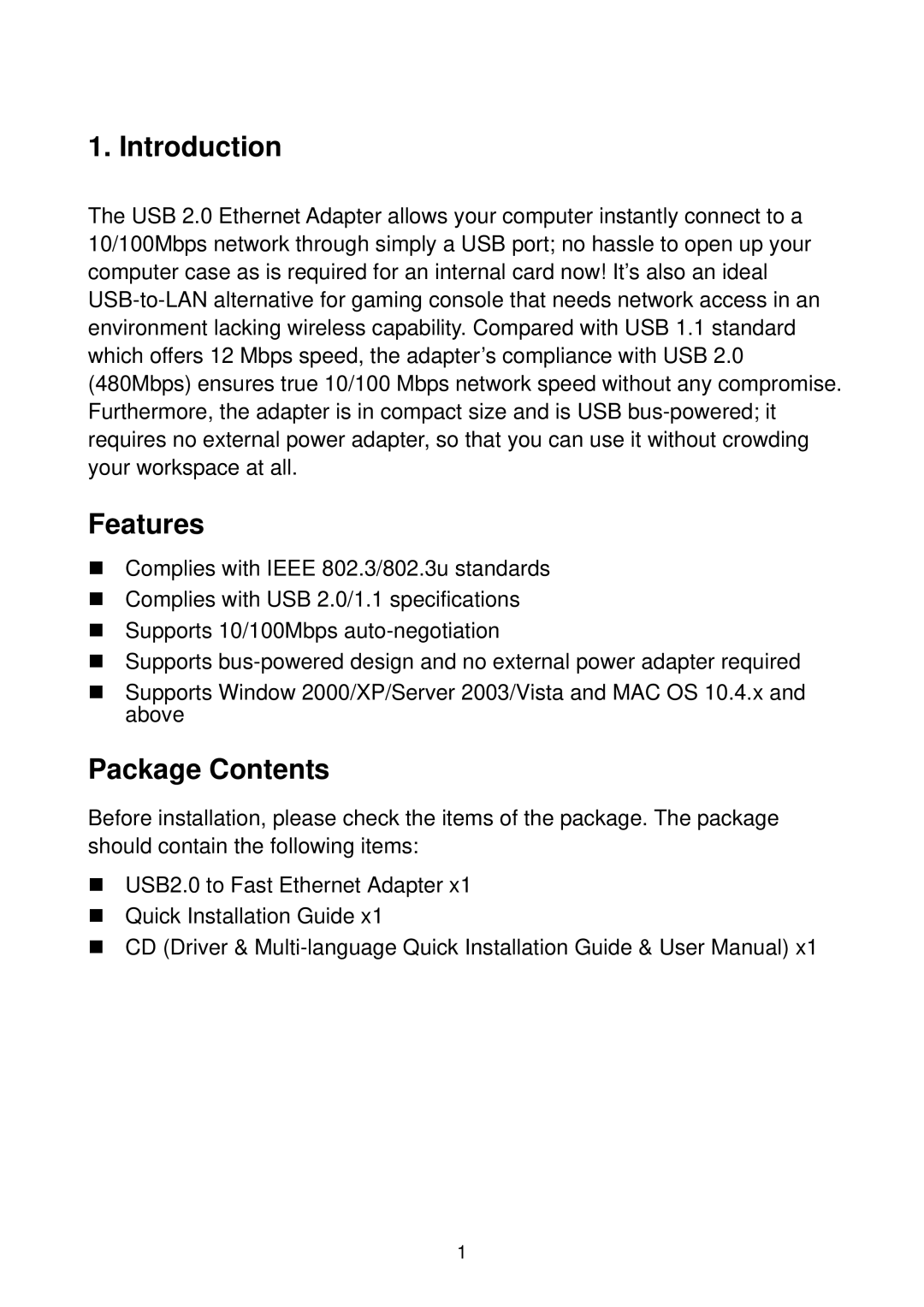 Edimax Technology EU-4207 manual Introduction, Features, Package Contents 