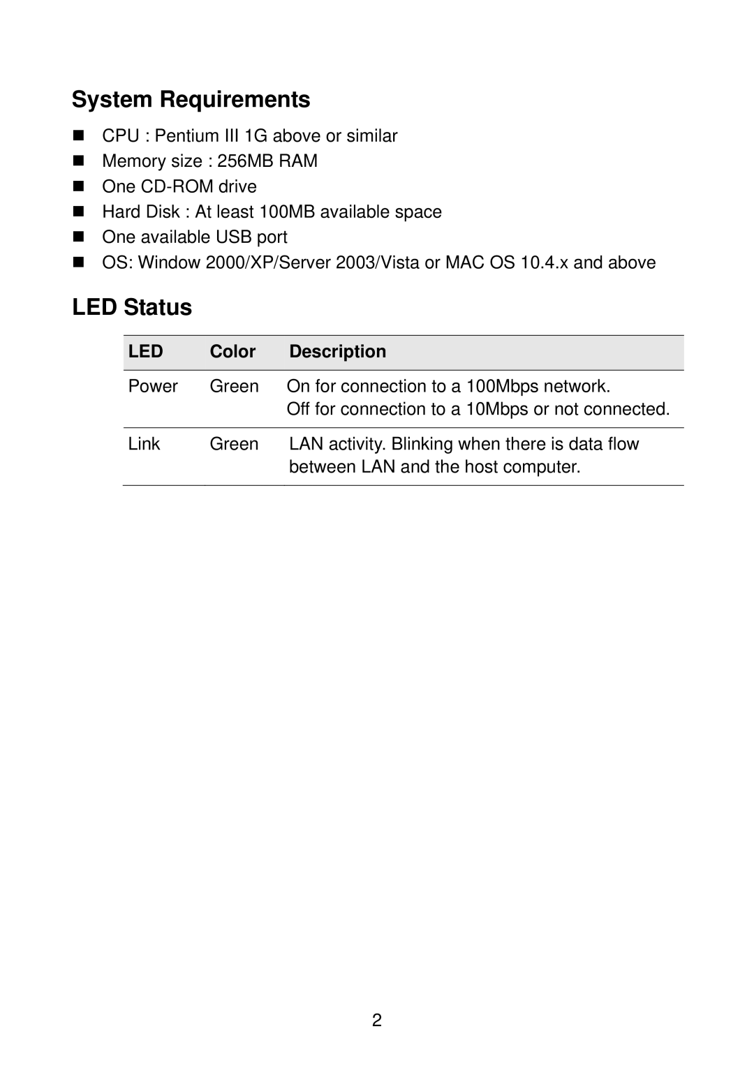 Edimax Technology EU-4207 manual System Requirements, LED Status 