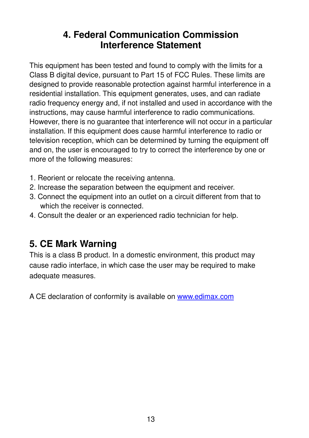 Edimax Technology EU-4230 manual Federal Communication Commission Interference Statement, CE Mark Warning 