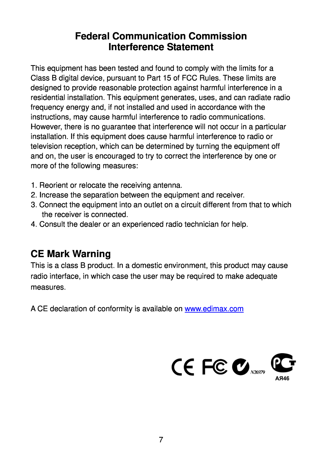 Edimax Technology EU-4230 manual Federal Communication Commission Interference Statement, CE Mark Warning 