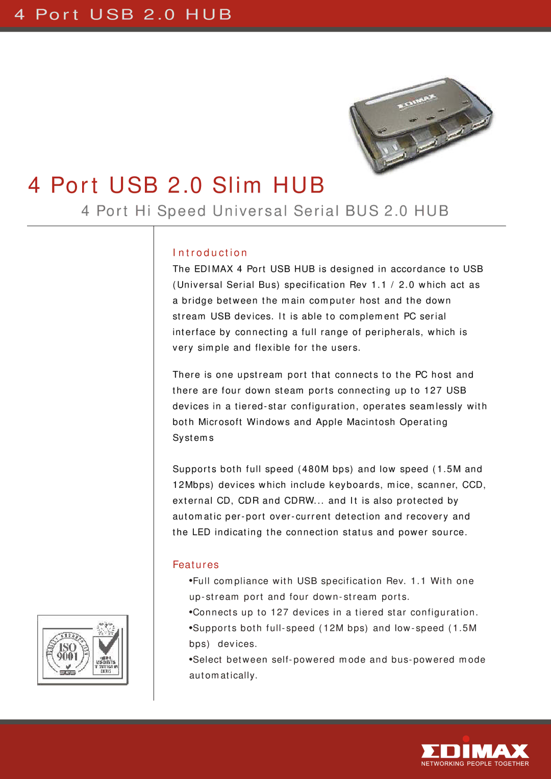 Edimax Technology EU-HB4S manual Port USB 2.0 Slim HUB, Port Hi Speed Universal Serial BUS 2.0 HUB, Introduction, Features 