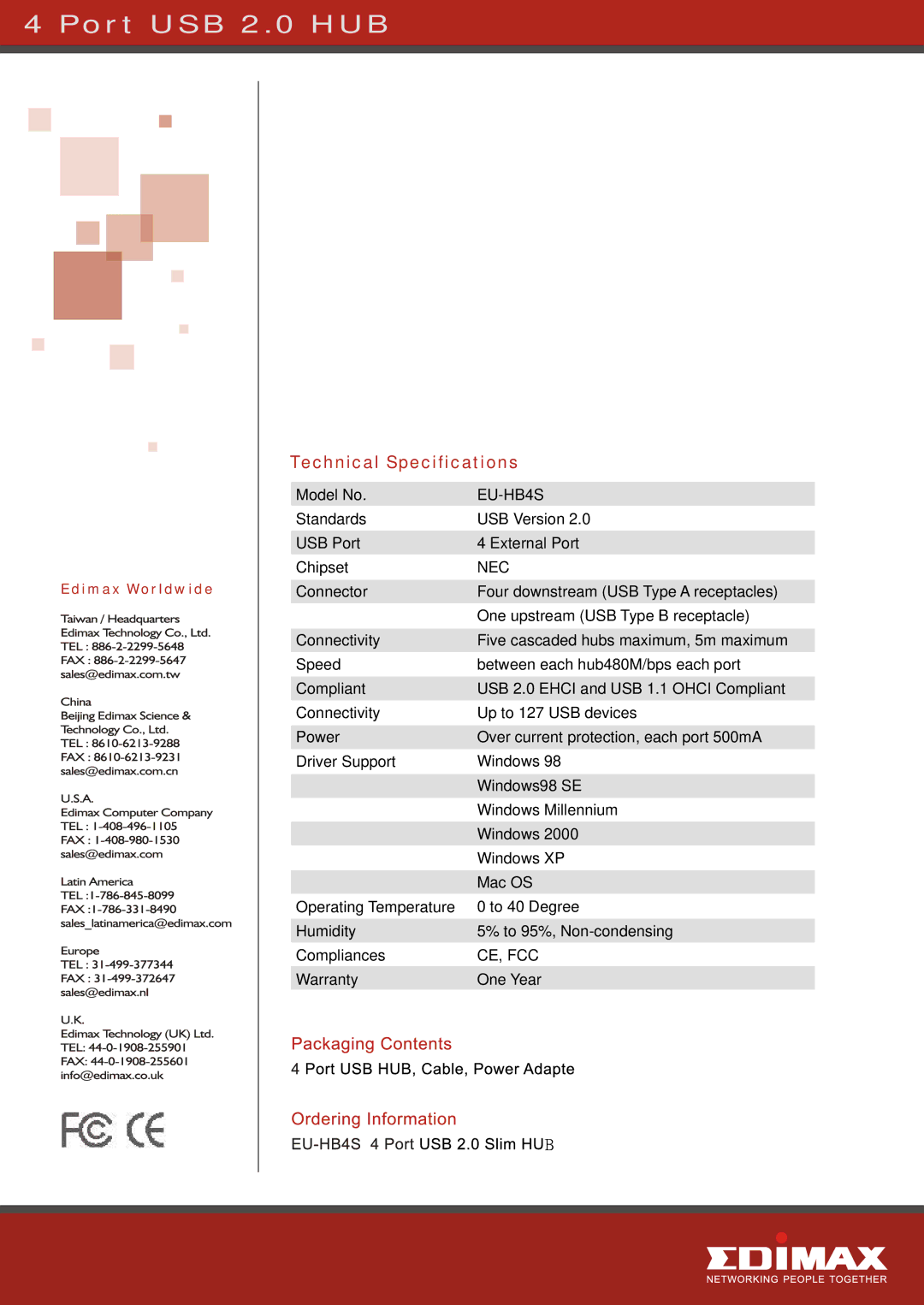 Edimax Technology EU-HB4S manual Technical Specifications, Nec, Ce, Fcc 