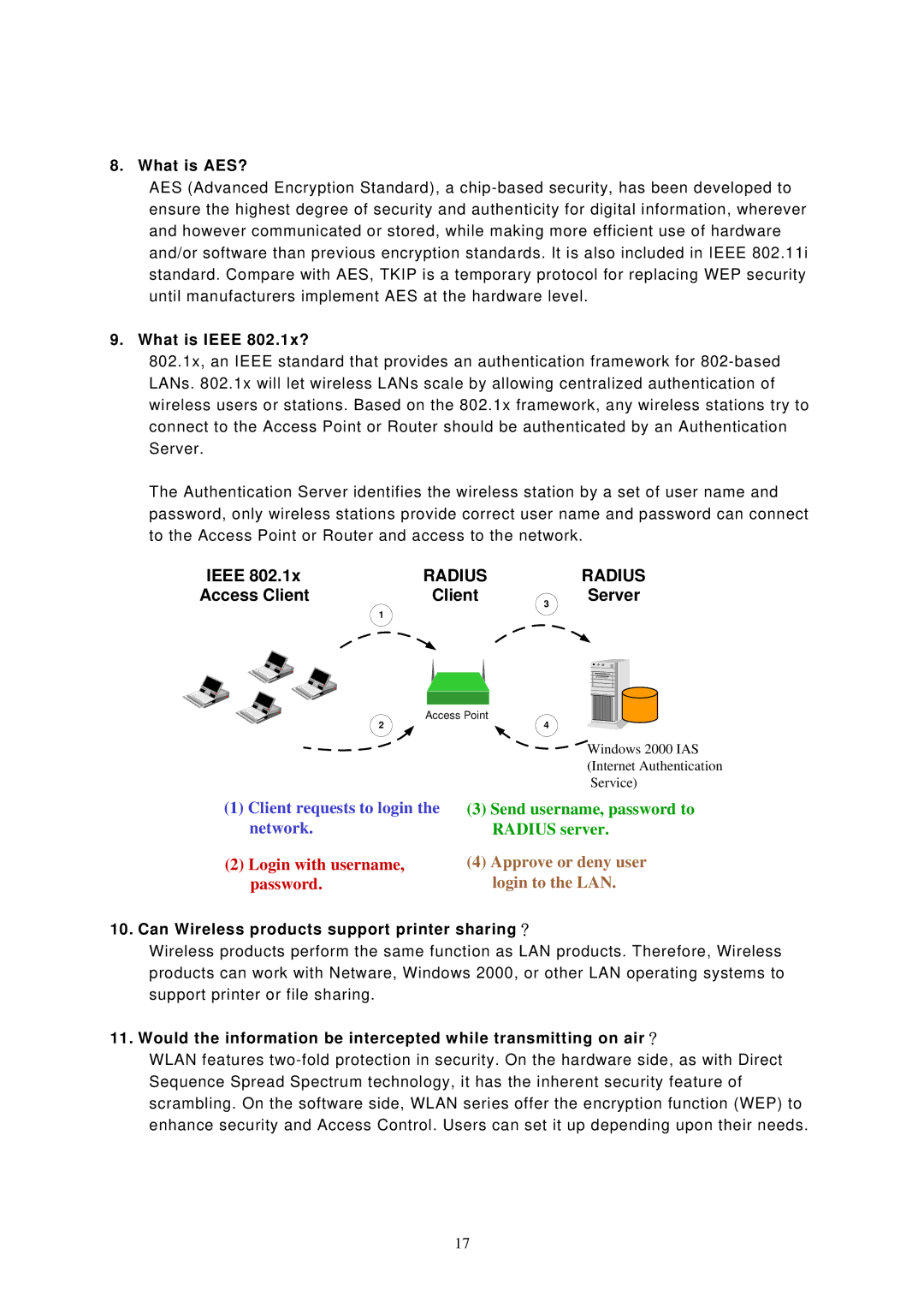 Edimax Technology EW-7126 What is AES?, What is Ieee 802.1x?, Client, Can Wireless products support printer sharing？ 