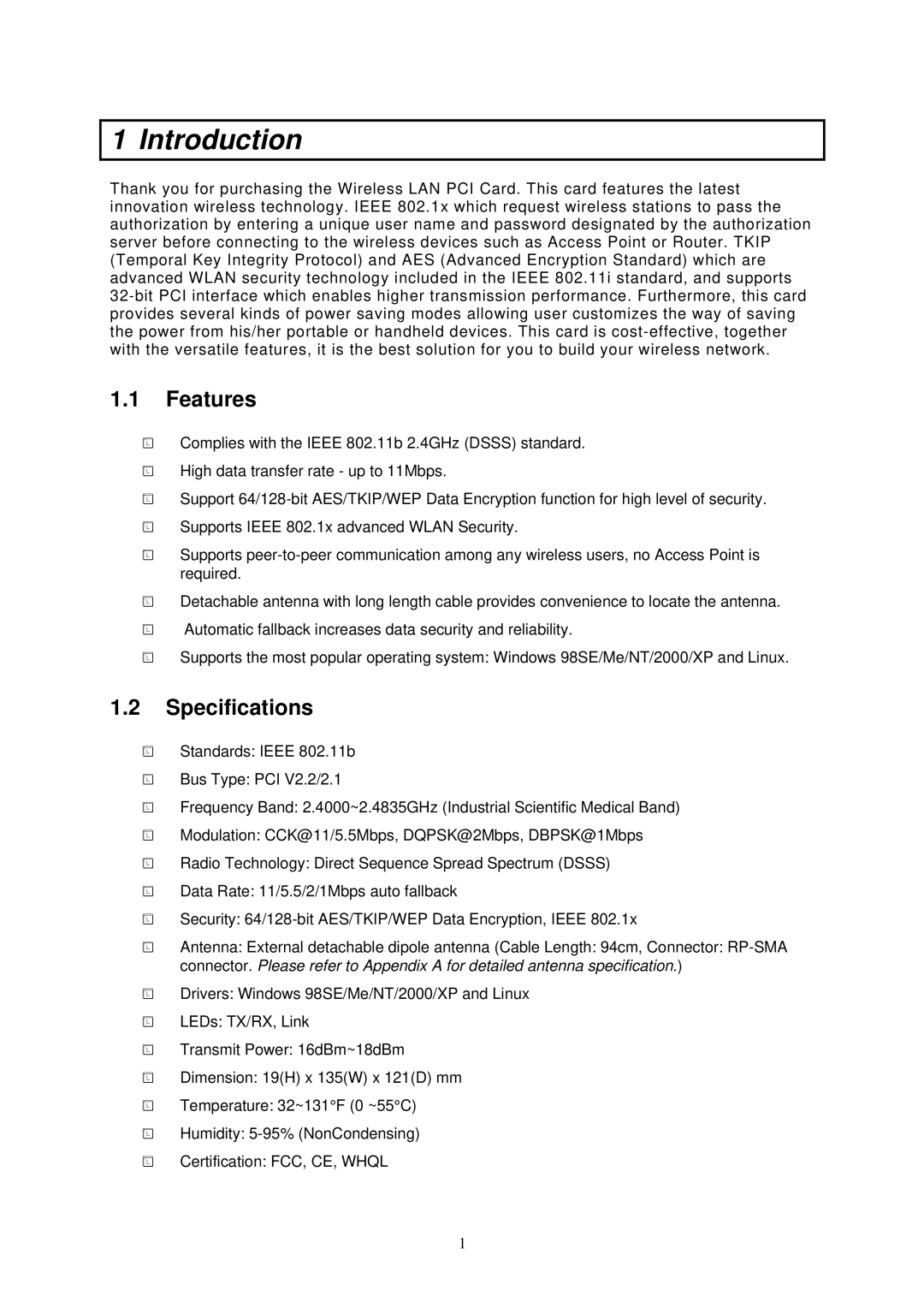 Edimax Technology EW-7126 user manual Introduction, Features, Specifications 