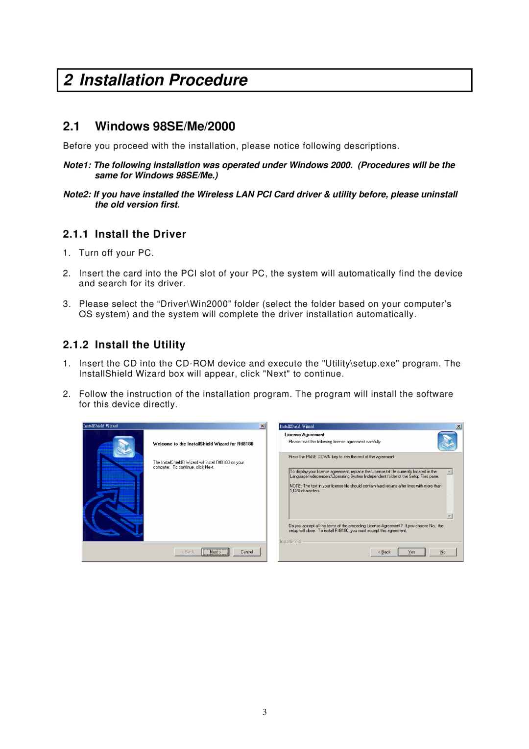 Edimax Technology EW-7126 user manual Installation Procedure, Windows 98SE/Me/2000 