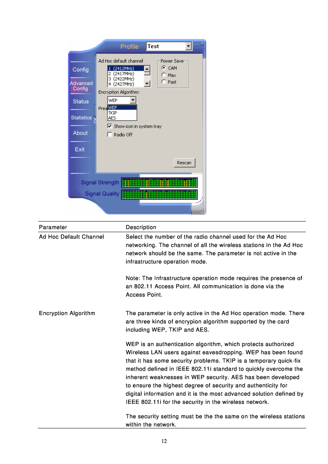 Edimax Technology EW-7126 user manual Parameter Ad Hoc Default Channel Encryption Algorithm, Description 