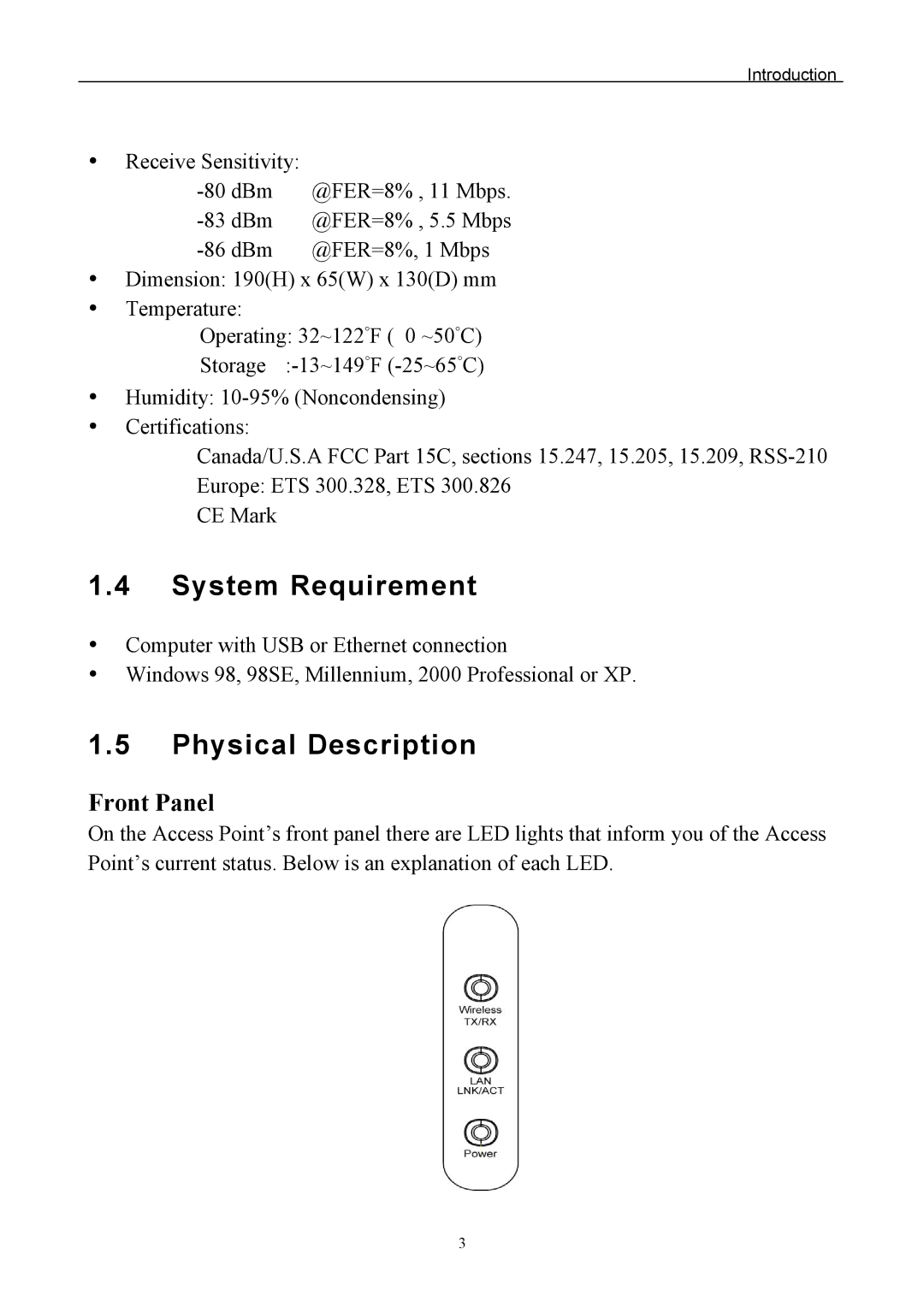 Edimax Technology EW-7205AP user manual System Requirement, Physical Description, Front Panel 