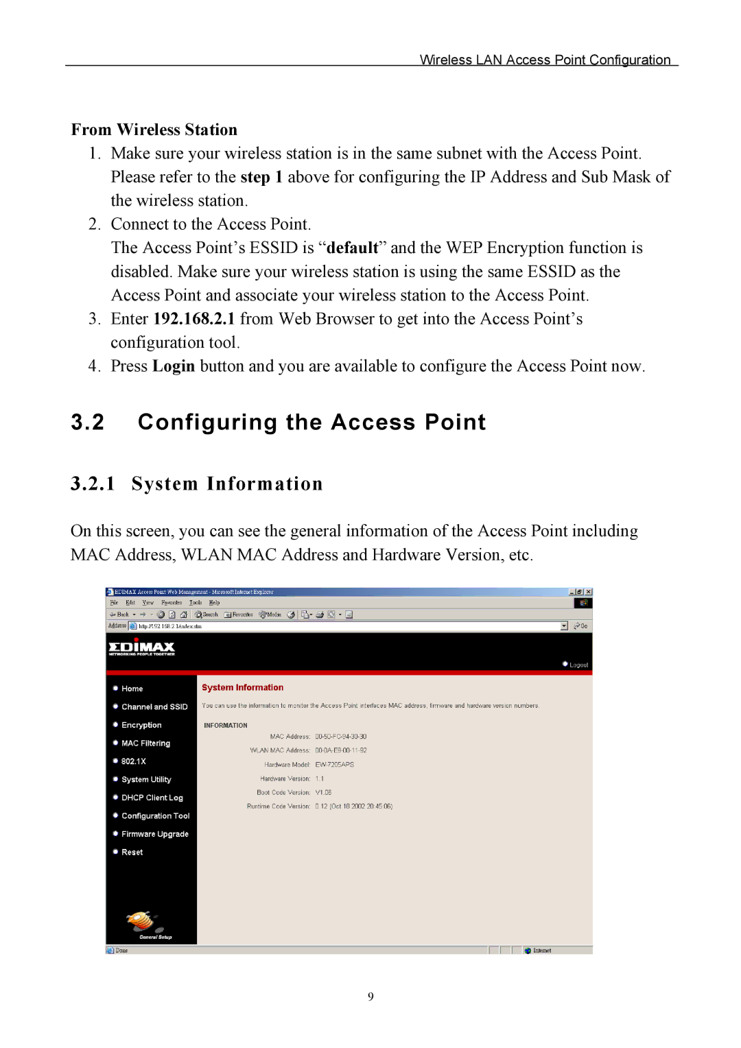 Edimax Technology EW-7205APS user manual Configuring the Access Point, System Information, From Wireless Station 