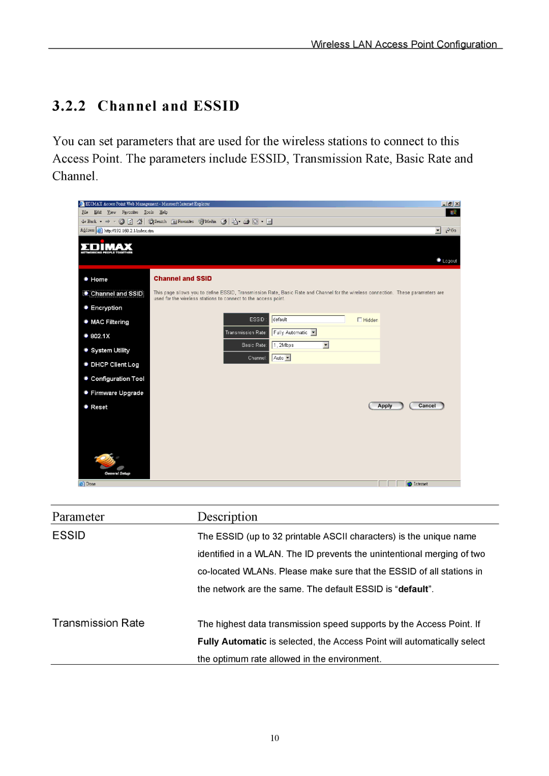 Edimax Technology EW-7205APS user manual Channel and Essid, Transmission Rate 