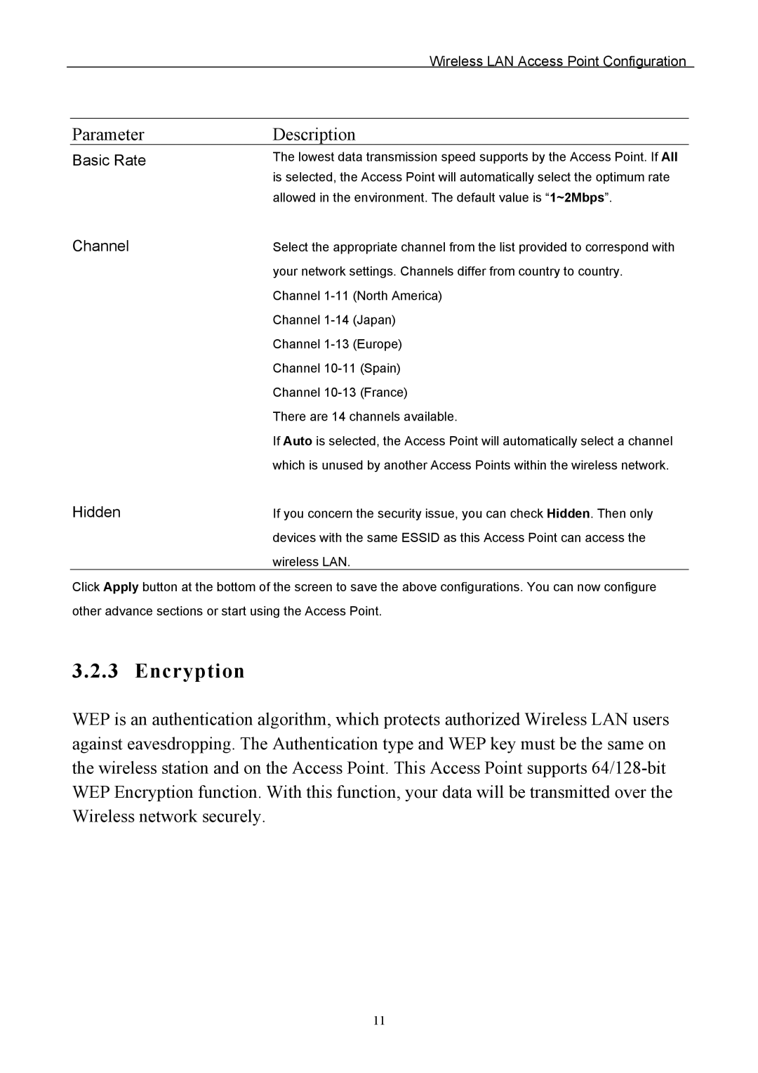 Edimax Technology EW-7205APS user manual Encryption, Basic Rate, Channel, Hidden 