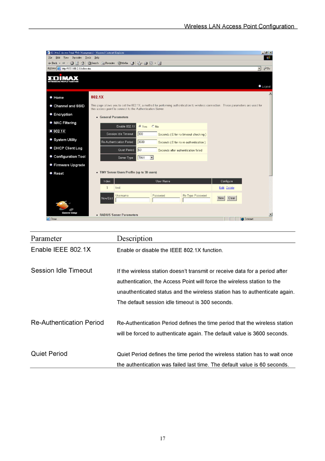 Edimax Technology EW-7205APS user manual Enable Ieee, Session Idle Timeout, Re-Authentication Period, Quiet Period 