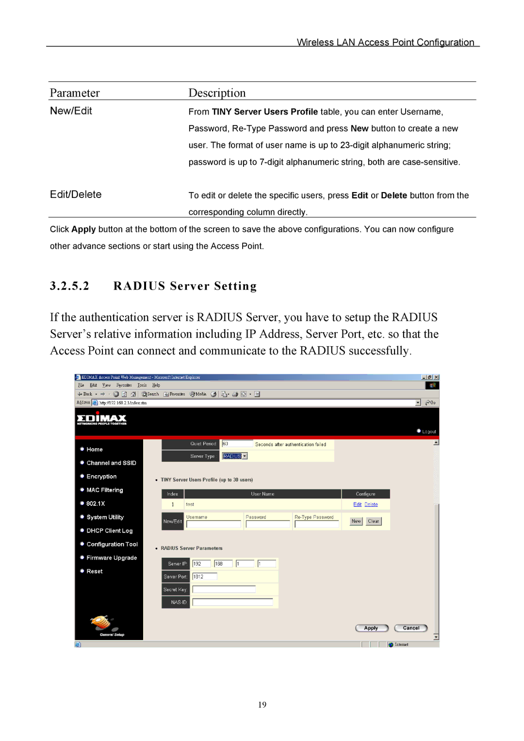 Edimax Technology EW-7205APS user manual Radius Server Setting, New/Edit, Edit/Delete 