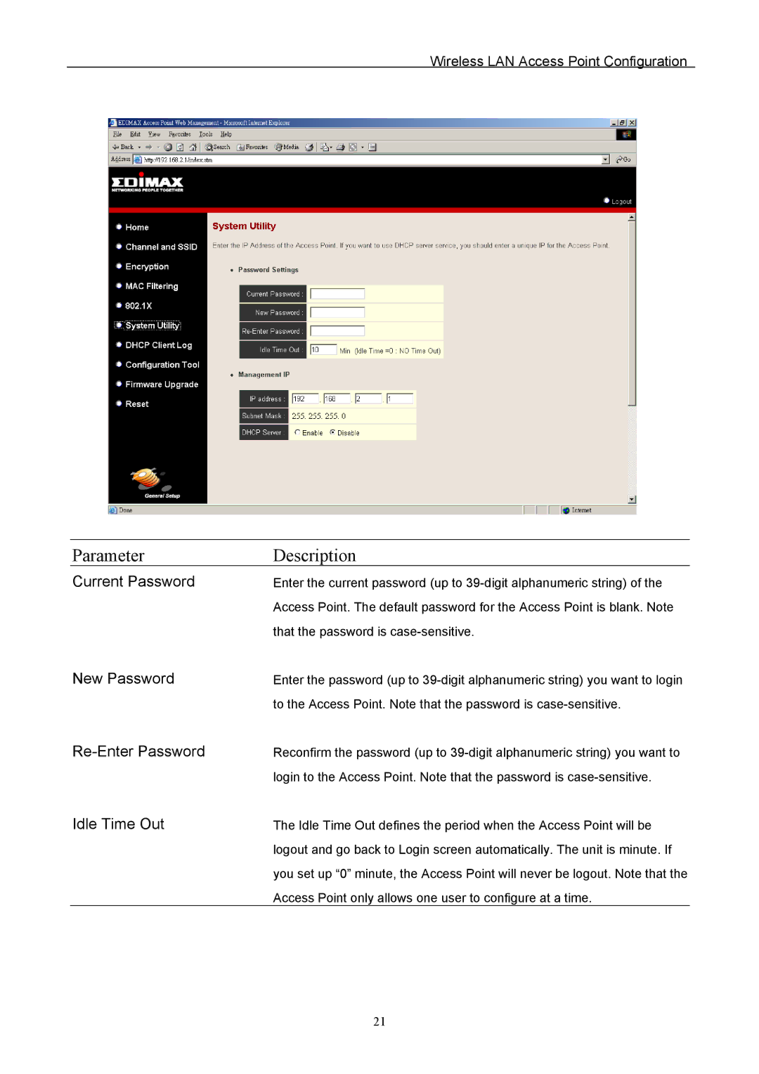 Edimax Technology EW-7205APS user manual Current Password, New Password, Re-Enter Password, Idle Time Out 