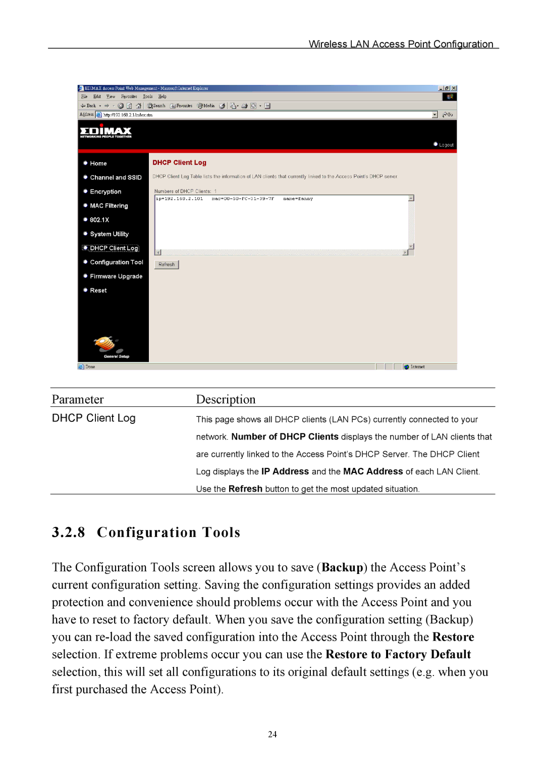 Edimax Technology EW-7205APS user manual Configuration Tools, Dhcp Client Log 