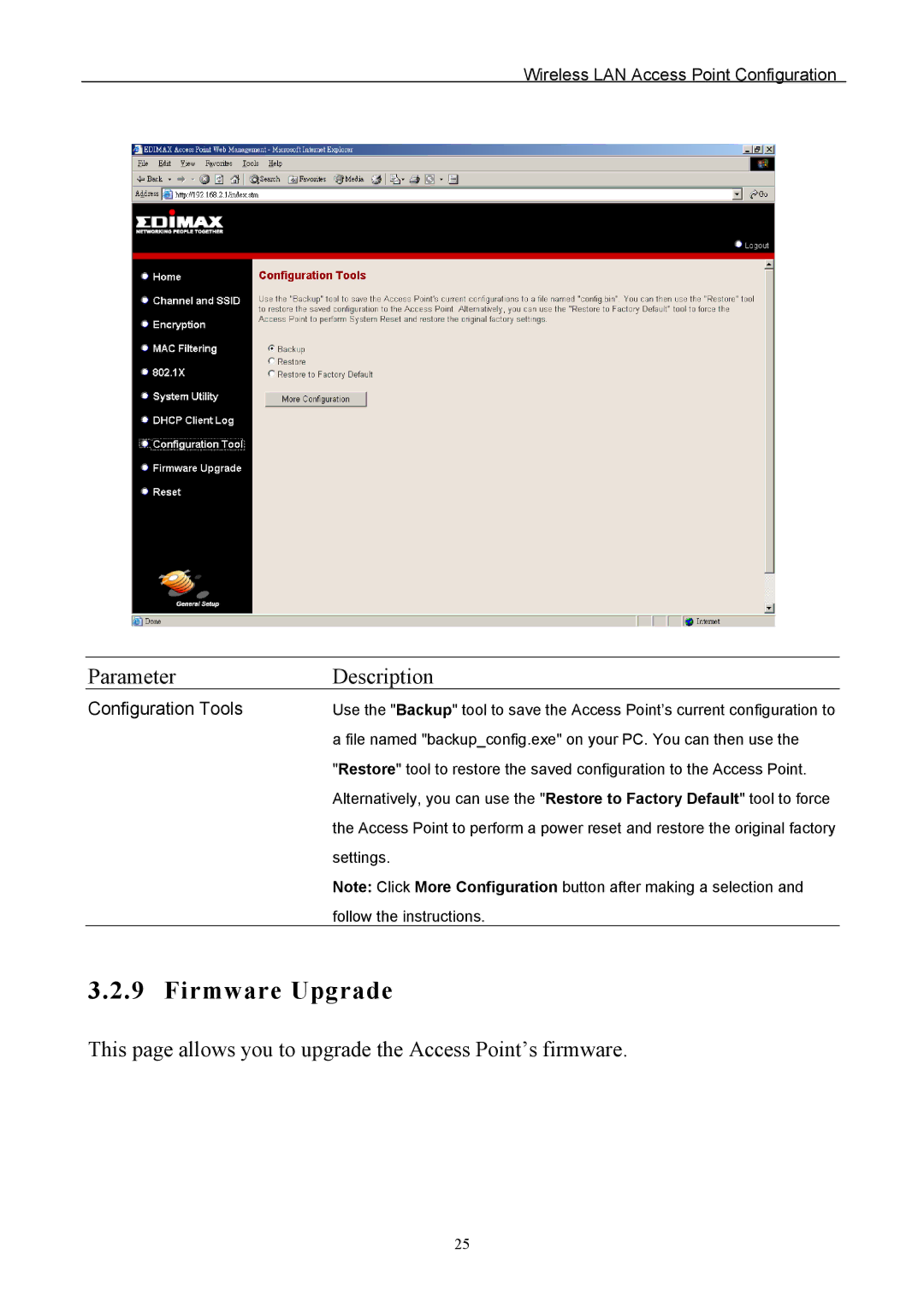 Edimax Technology EW-7205APS user manual Firmware Upgrade, Configuration Tools 