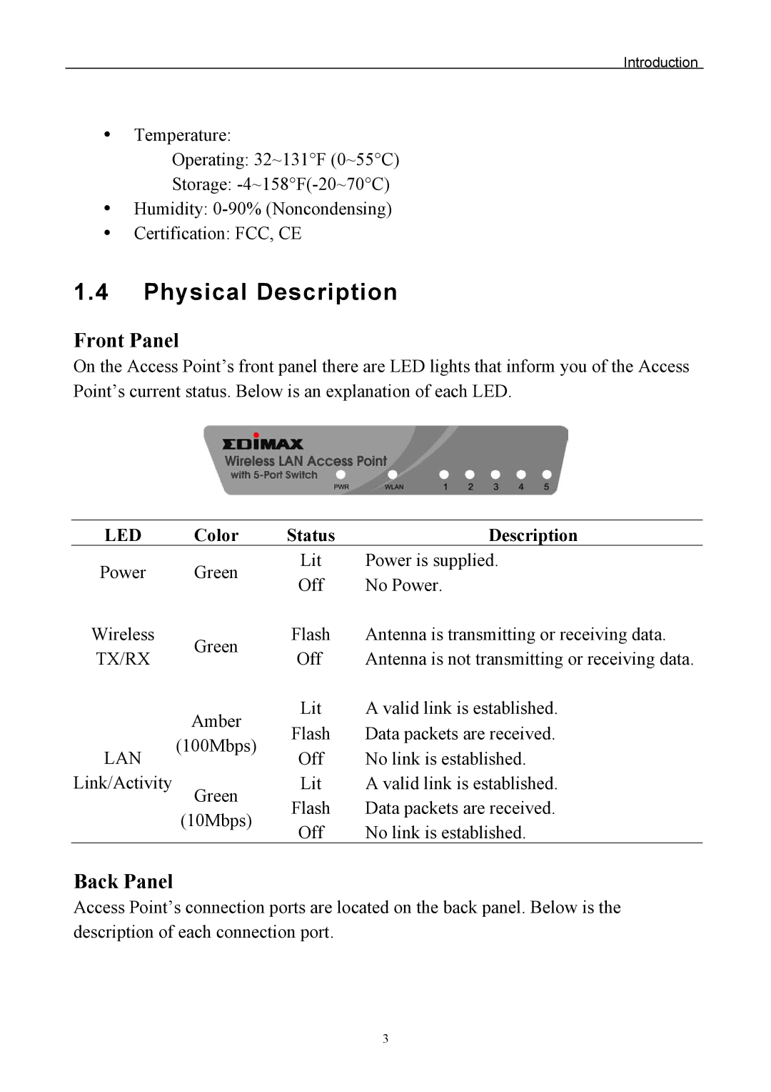 Edimax Technology EW-7205APS user manual Physical Description, Front Panel, Back Panel 