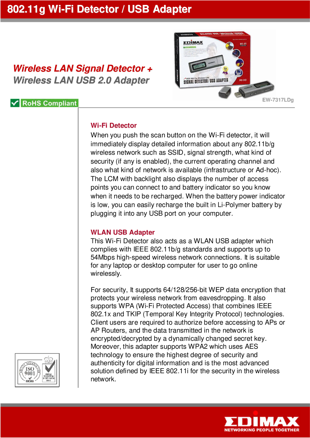 Edimax Technology EW-7317LDg manual 802.11g Wi-Fi Detector / USB Adapter, Wireless LAN Signal Detector +, Wlan USB Adapter 