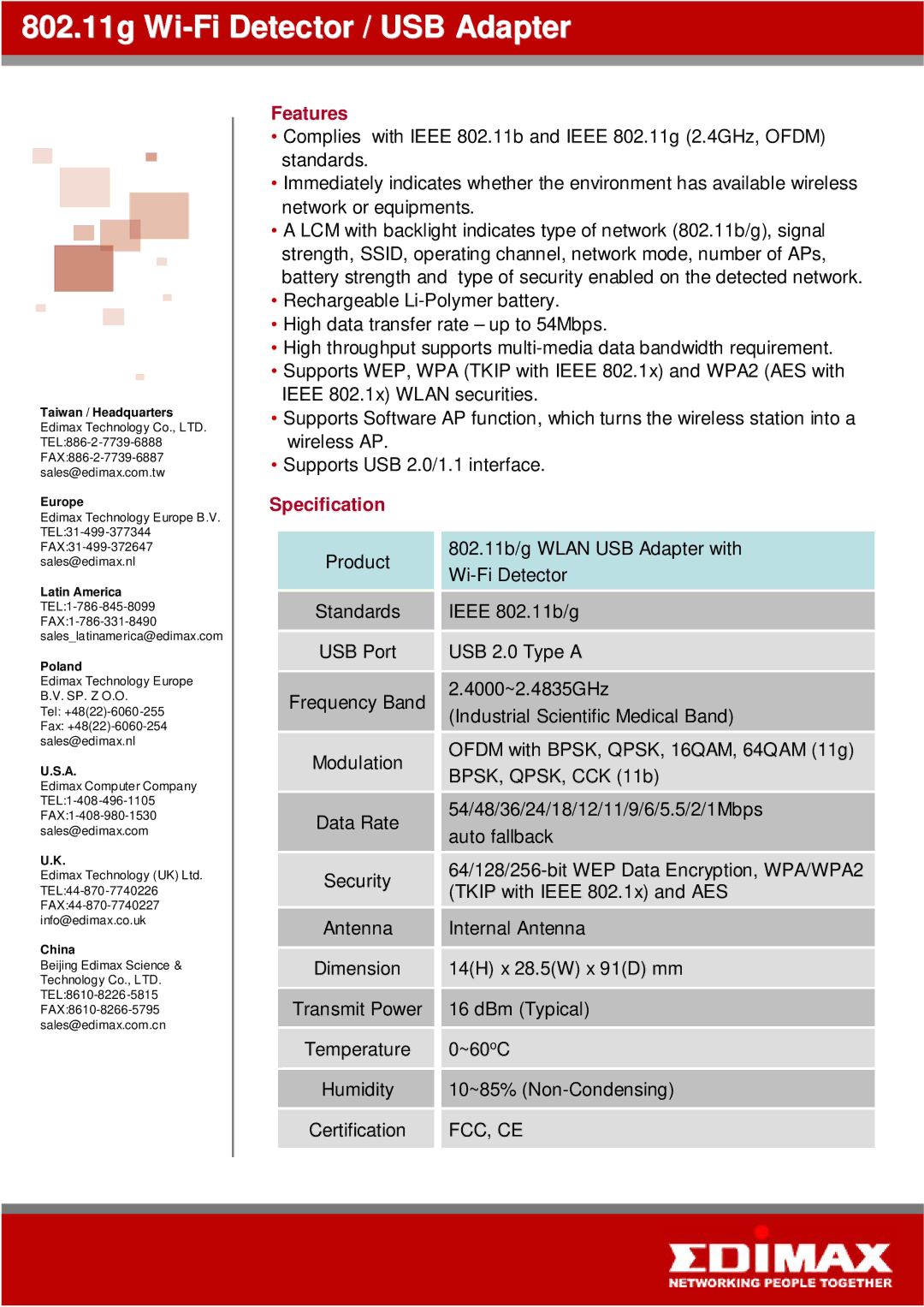 Edimax Technology EW-7317LDg manual Features, Specification 