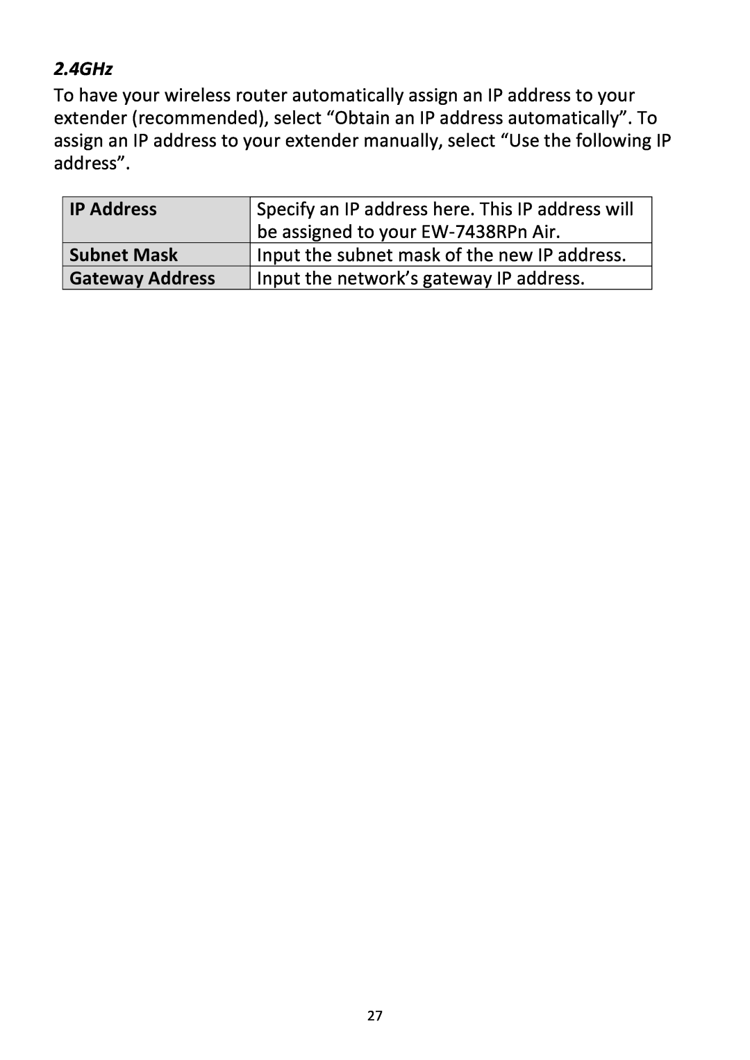 Edimax Technology EW-7438RPn manual 2.4GHz, Gateway Address, IP Address, Subnet Mask 