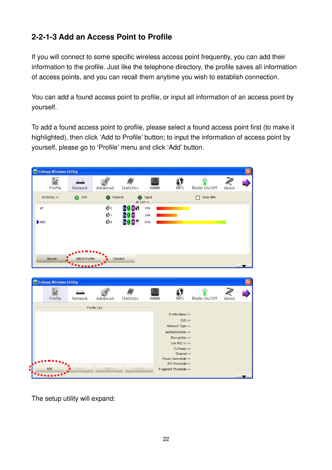 Edimax Technology EW-7711UAN, EW-7711UMN manual Add an Access Point to Profile 
