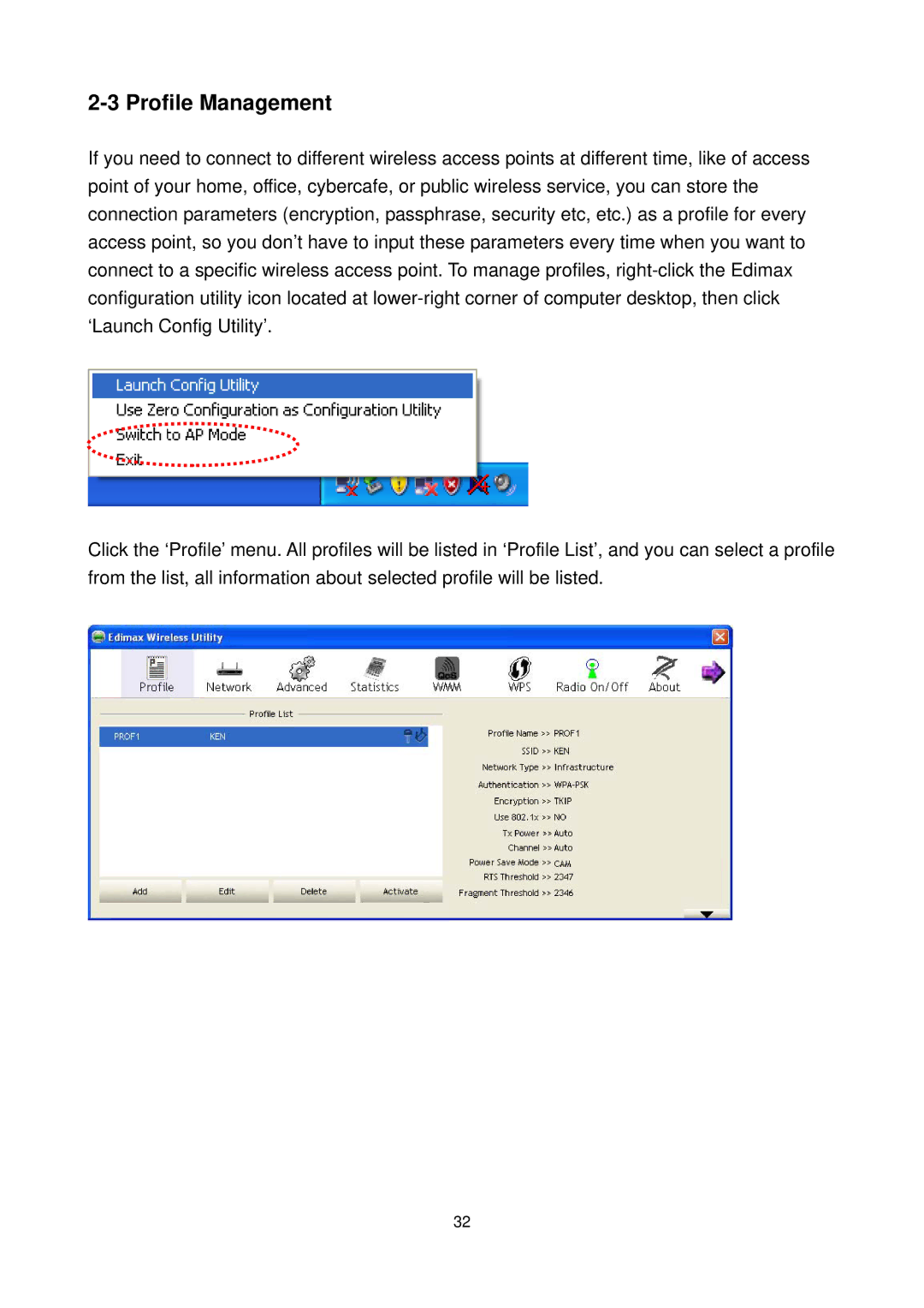 Edimax Technology EW-7711UAN, EW-7711UMN manual Profile Management 