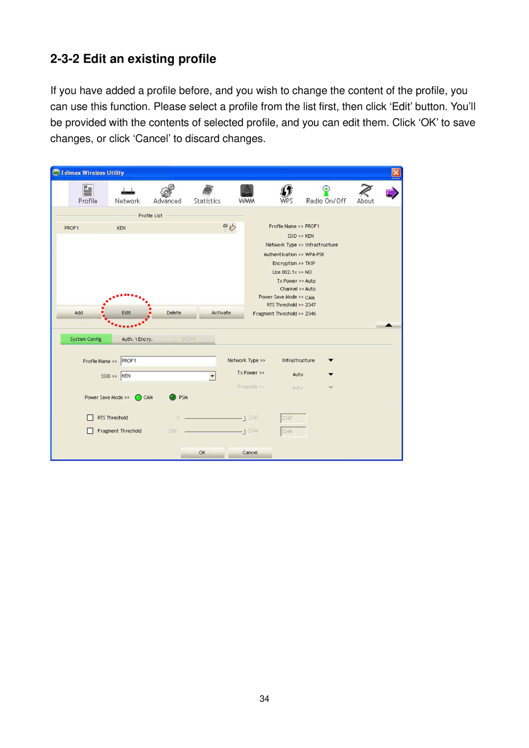 Edimax Technology EW-7711UAN, EW-7711UMN manual Edit an existing profile 