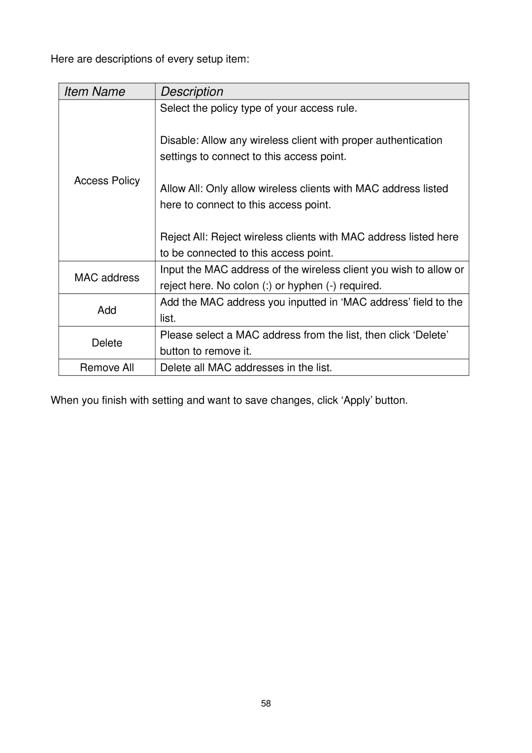 Edimax Technology EW-7711UAN, EW-7711UMN manual Select the policy type of your access rule 