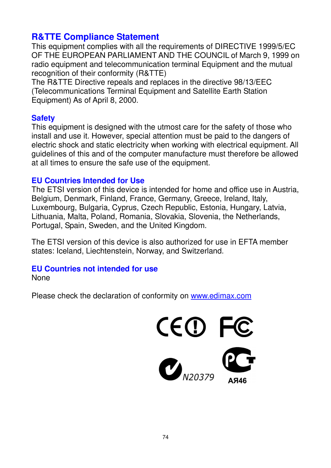 Edimax Technology EW-7711UAN, EW-7711UMN manual TTE Compliance Statement 