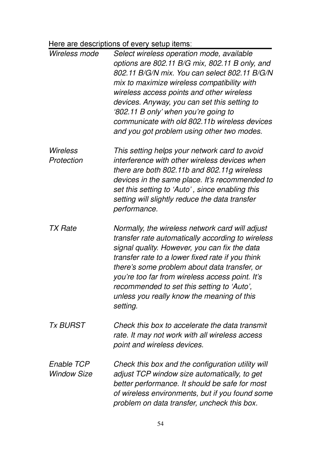 Edimax Technology EW-7727In Set this setting to ‘Auto’ , since enabling this, Performance, TX Rate, Setting, Tx Burst 