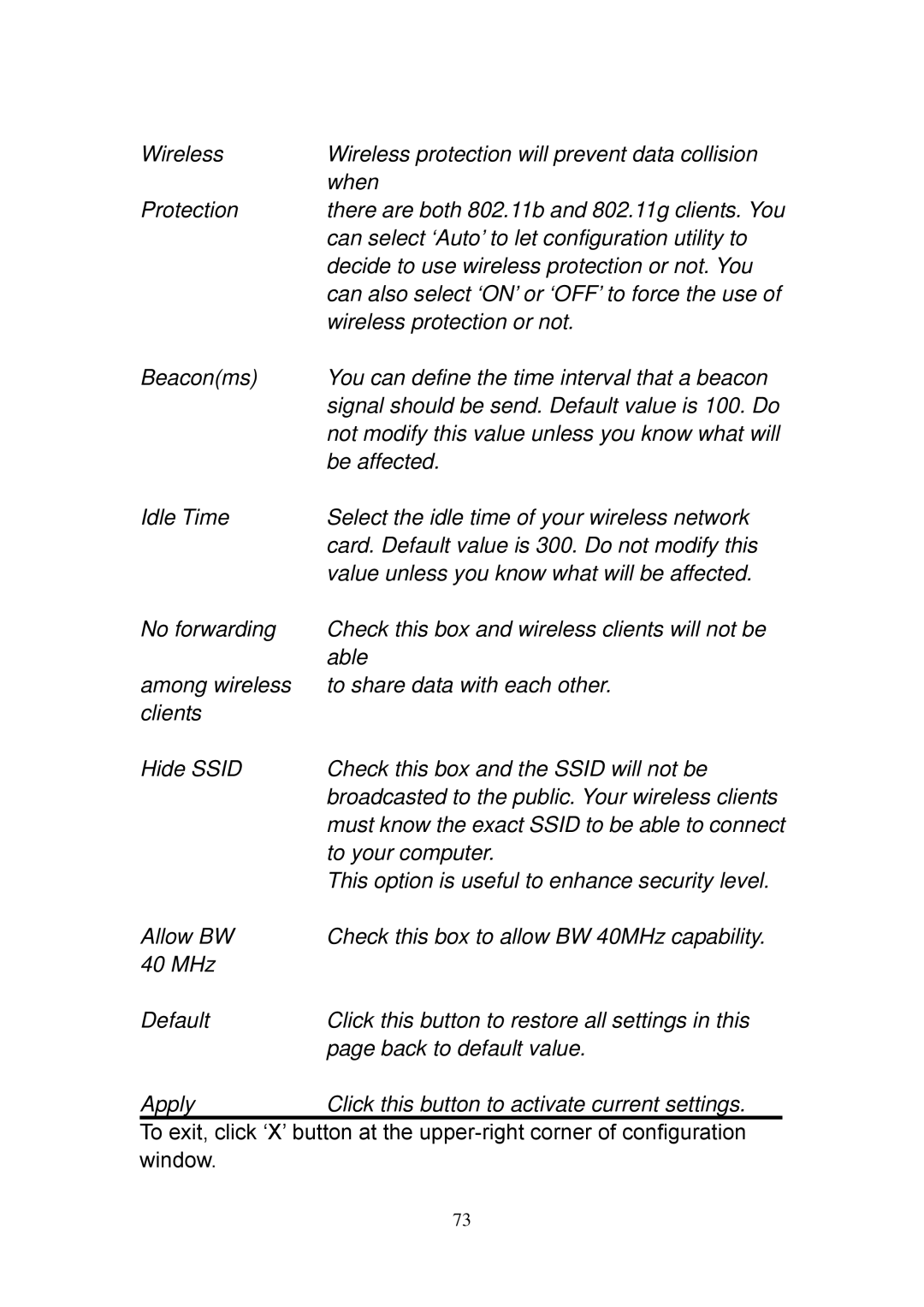 Edimax Technology EW-7318USg Can select ‘Auto’ to let configuration utility to, Wireless protection or not, Beaconms, Able 