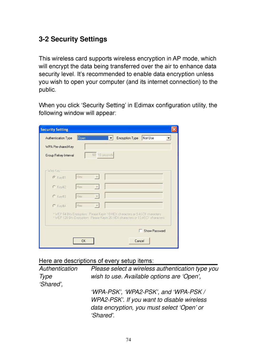 Edimax Technology EW-7128g, EW-7727In, EW-7318Ug, EW-7718Un, EW-7748In, EW-7728In, EW-7717Un Security Settings, Authentication 