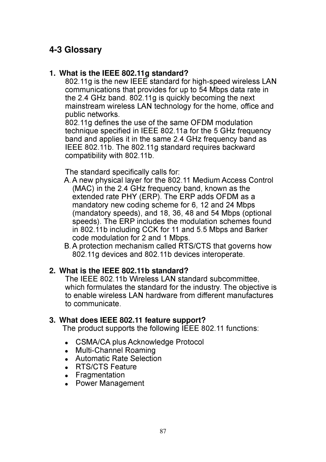 Edimax Technology EW-7727In, EW-7318Ug Glossary, What is the Ieee 802.11g standard?, What is the Ieee 802.11b standard? 