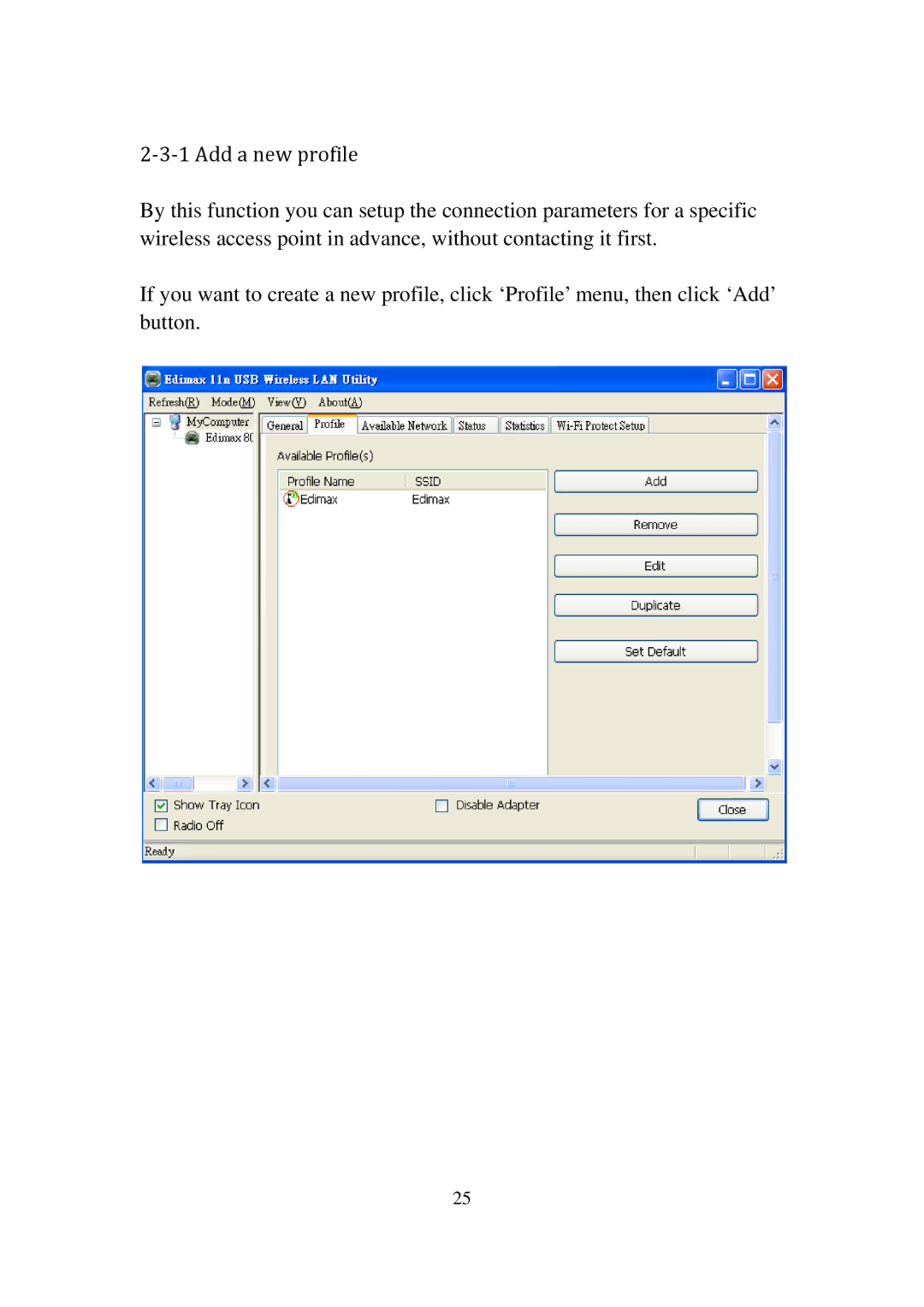 Edimax Technology EW-7811UN manual ‐3‐1 Add a new profile 