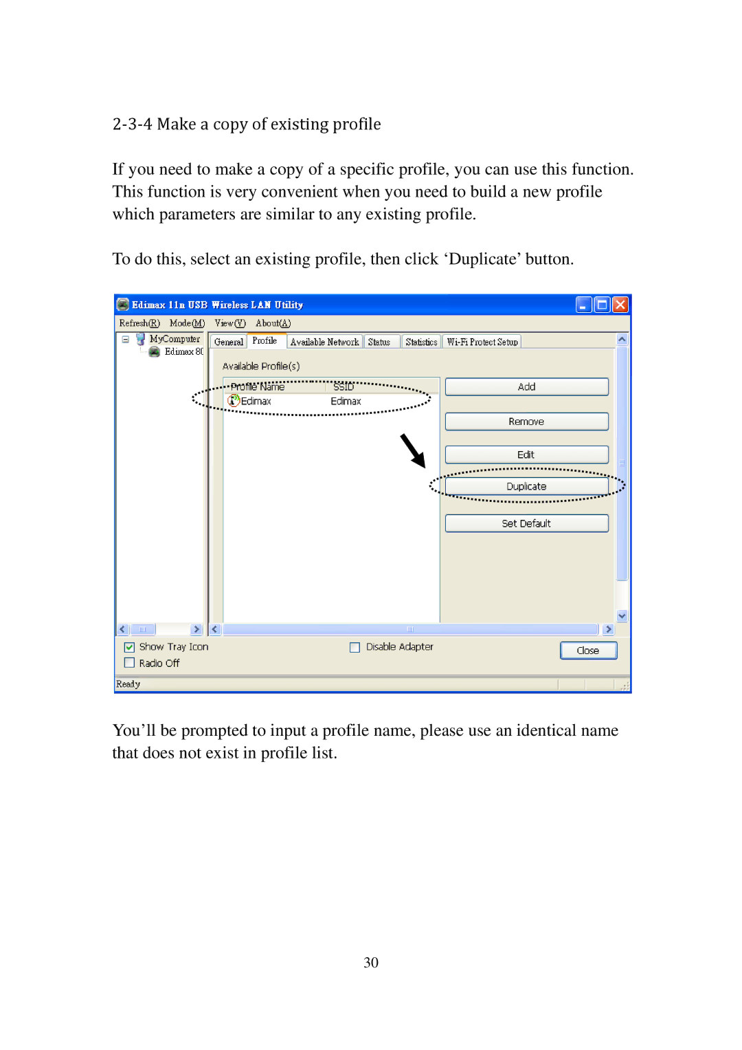 Edimax Technology EW-7811UN manual ‐3‐4 Make a copy of existing profile 