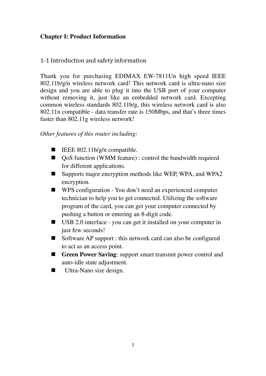 Edimax Technology EW-7811UN manual Chapter I Product Information 