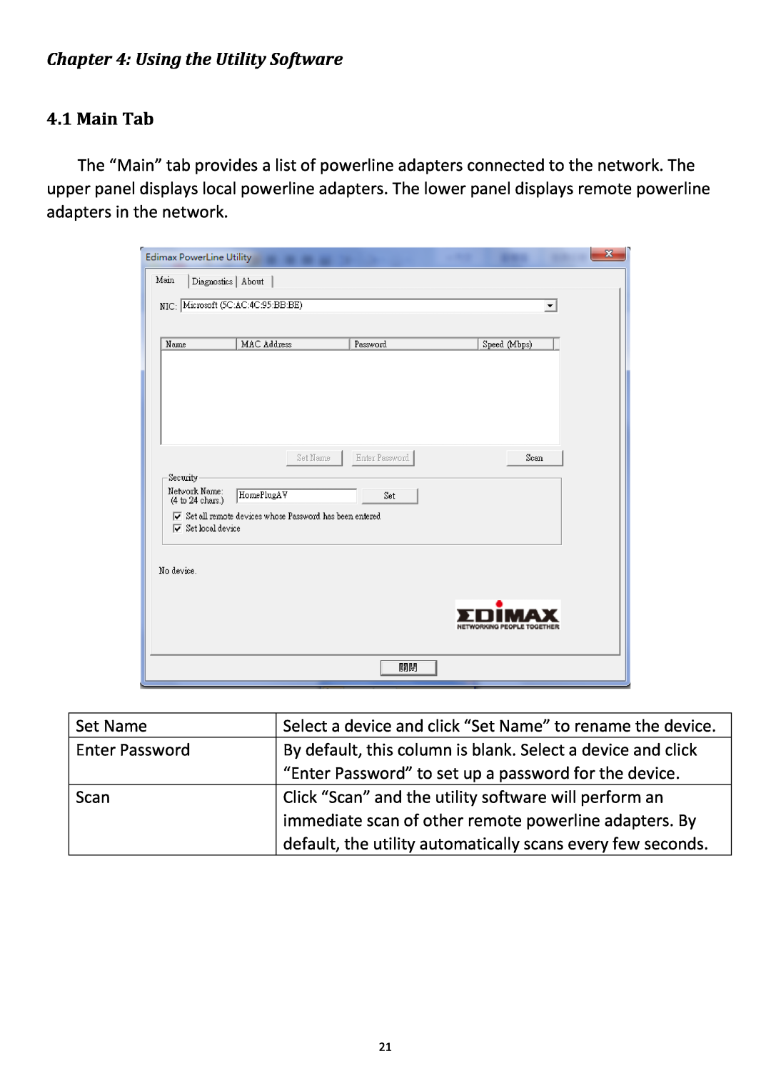 Edimax Technology HP-5102 user manual Using the Utility Software, Main Tab 