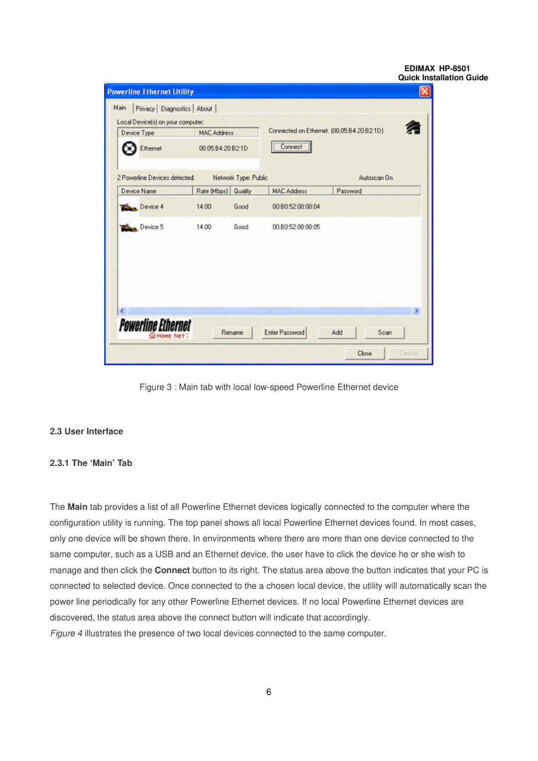 Edimax Technology HP-8501 user manual Main tab with local low-speed Powerline Ethernet device, User Interface ‘Main’ Tab 