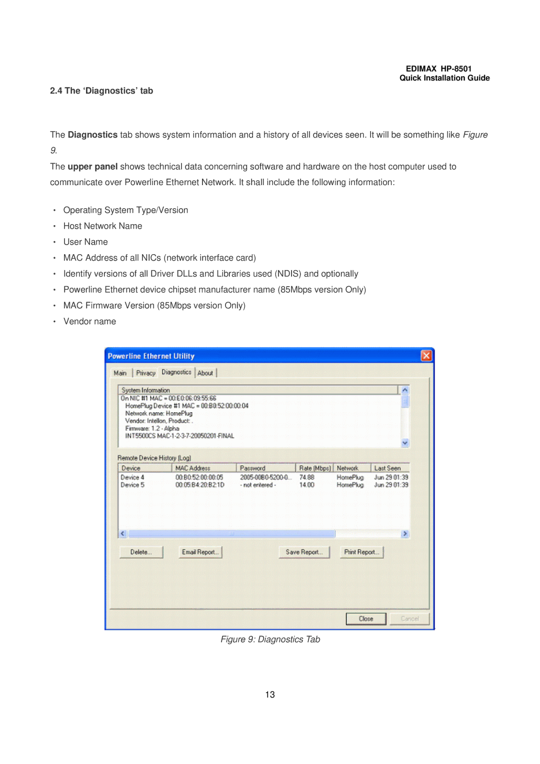 Edimax Technology HP-8501 user manual ‘Diagnostics’ tab, Diagnostics Tab 