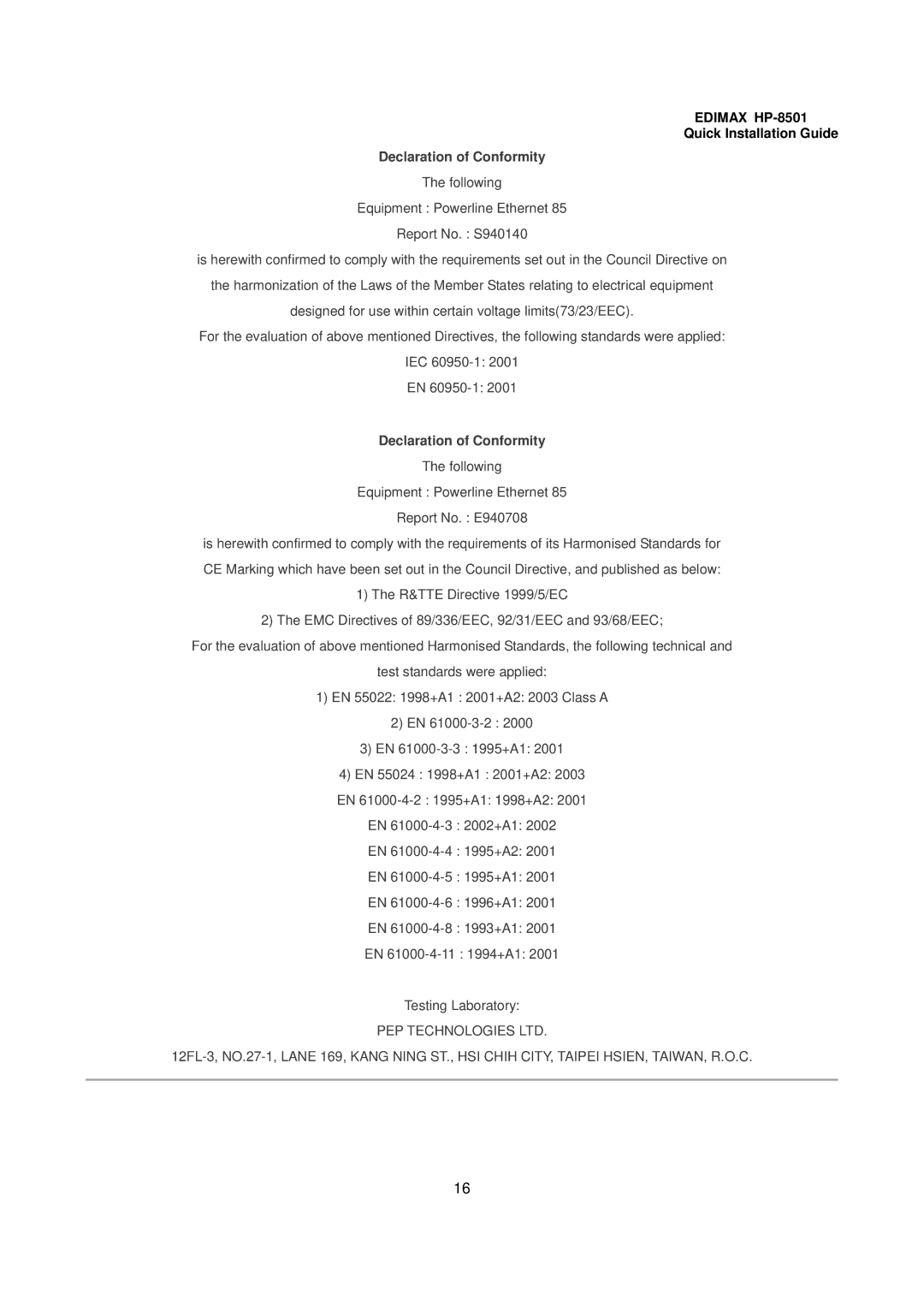 Edimax Technology HP-8501 user manual Declaration of Conformity 