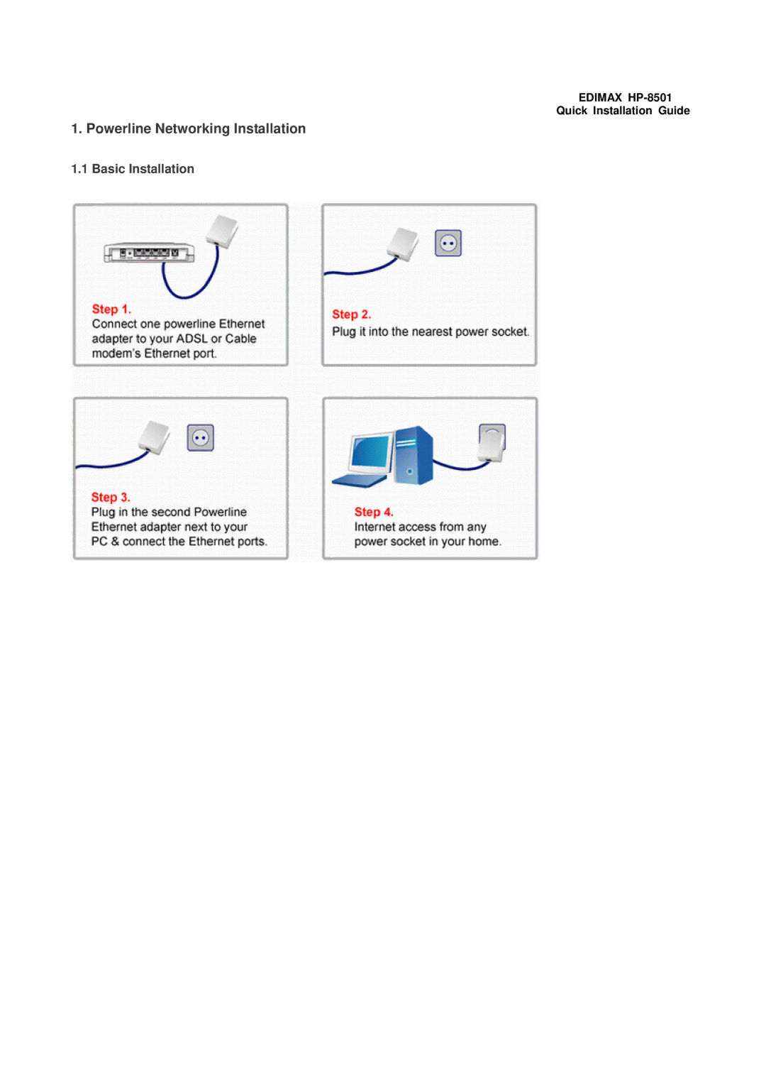 Edimax Technology HP-8501 user manual Powerline Networking Installation, Basic Installation 